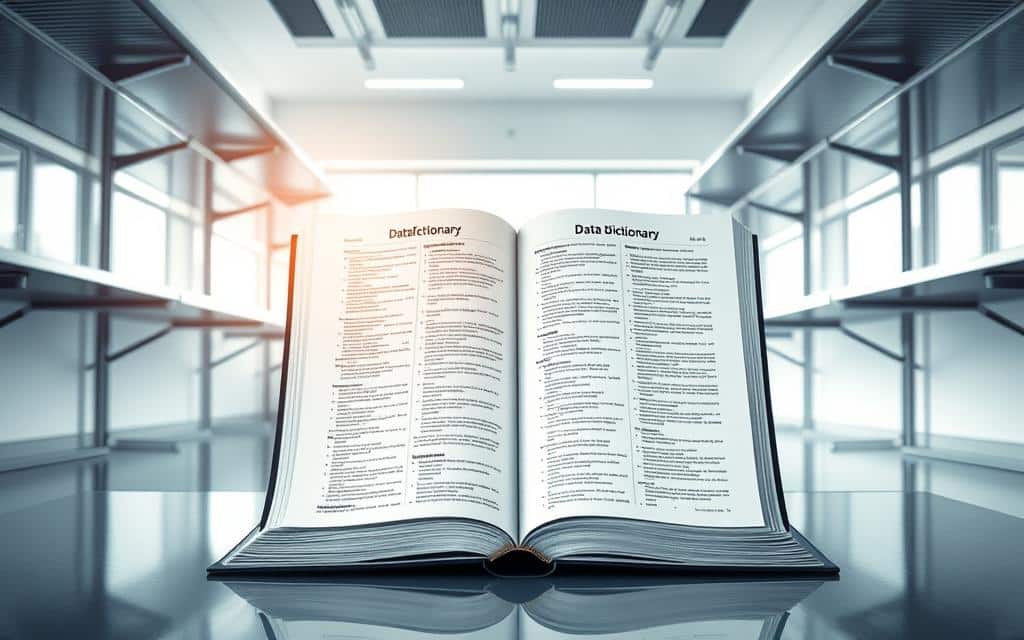 A well-organized data dictionary, meticulously constructed, takes center stage in a pristine, minimalist office setting. Gleaming stainless steel shelves and crisp white walls create a sleek, professional atmosphere, allowing the dictionary itself to shine. Soft, natural light filters in through large windows, casting a warm, focused glow on the pages. Precise, technical illustrations accompany the textual entries, conveying the depth and complexity of the data governance principles embodied within. The overall impression is one of order, clarity, and the power of information to drive data quality and unlock valuable insights. A well-organized data dictionary, meticulously constructed, takes center stage in a pristine, minimalist office setting. Gleaming stainless steel shelves and crisp white walls create a sleek, professional atmosphere, allowing the dictionary itself to shine. Soft, natural light filters in through large windows, casting a warm, focused glow on the pages. Precise, technical illustrations accompany the textual entries, conveying the depth and complexity of the data governance principles embodied within. The overall impression is one of order, clarity, and the power of information to drive data quality and unlock valuable insights.
