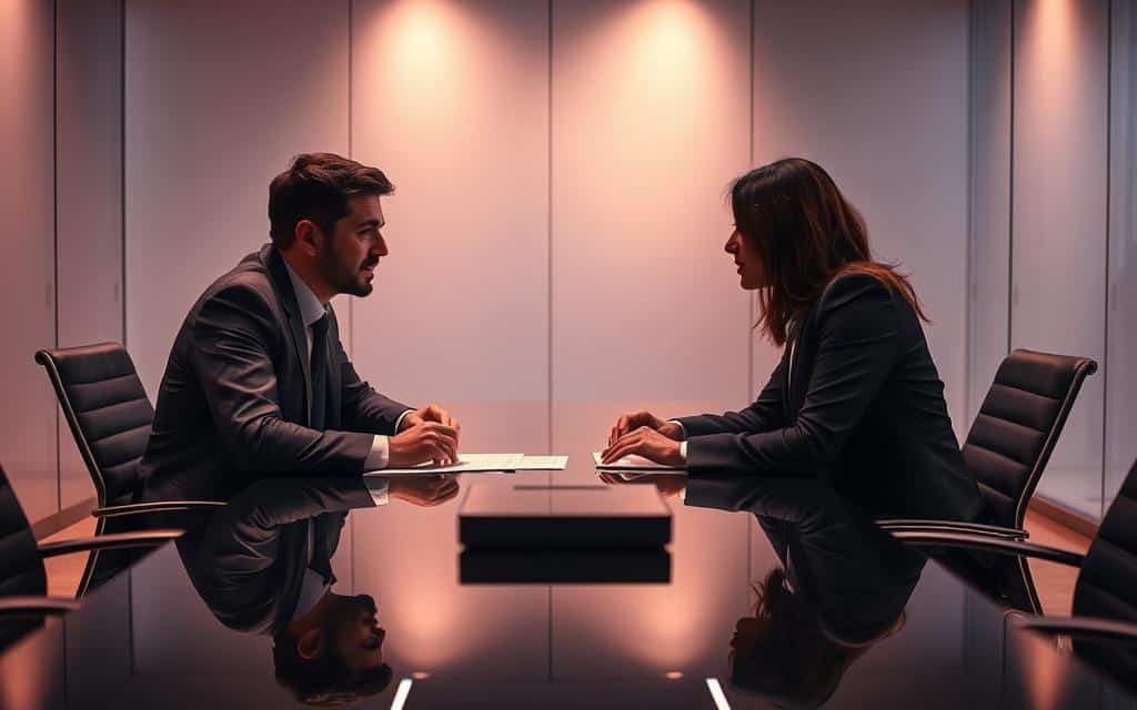 A conference room with a sleek, modern design. Two business professionals, a man, and a woman, seated across a glossy table, engaged in a serious discussion. Soft, indirect lighting casts a warm glow, creating an atmosphere of collaboration and negotiation. The table is adorned with a few documents and a tablet, indicating the exchange of information and proposals. The two individuals lean forward, their body language conveying a sense of mutual understanding as they work to find common ground and reach an agreement. The background is slightly blurred, keeping the focus on the central negotiation process. A conference room with a sleek, modern design. Two business professionals, a man, and a woman, seated across a glossy table, engaged in a serious discussion. Soft, indirect lighting casts a warm glow, creating an atmosphere of collaboration and negotiation. The table is adorned with a few documents and a tablet, indicating the exchange of information and proposals. The two individuals lean forward, their body language conveying a sense of mutual understanding as they work to find common ground and reach an agreement. The background is slightly blurred, keeping the focus on the central negotiation process.