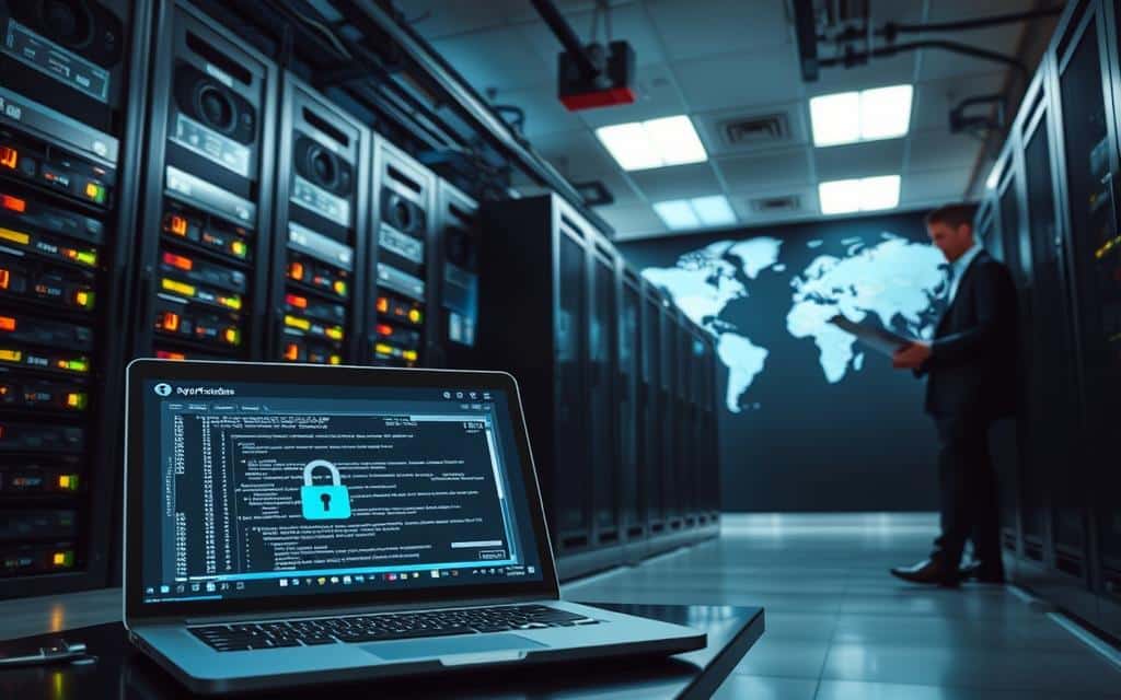 A data center server room with racks of secure data storage equipment, lit by overhead fluorescent lighting. In the foreground, a laptop displaying a data encryption protocol, while in the middle ground, a person in a suit examines a legal document on data protection regulations. The background features a world map, symbolizing the global nature of data sharing. The overall atmosphere conveys a sense of technological advancement, legal compliance, and the importance of safeguarding sensitive information. A data center server room with racks of secure data storage equipment, lit by overhead fluorescent lighting. In the foreground, a laptop displaying a data encryption protocol, while in the middle ground, a person in a suit examines a legal document on data protection regulations. The background features a world map, symbolizing the global nature of data sharing. The overall atmosphere conveys a sense of technological advancement, legal compliance, and the importance of safeguarding sensitive information.