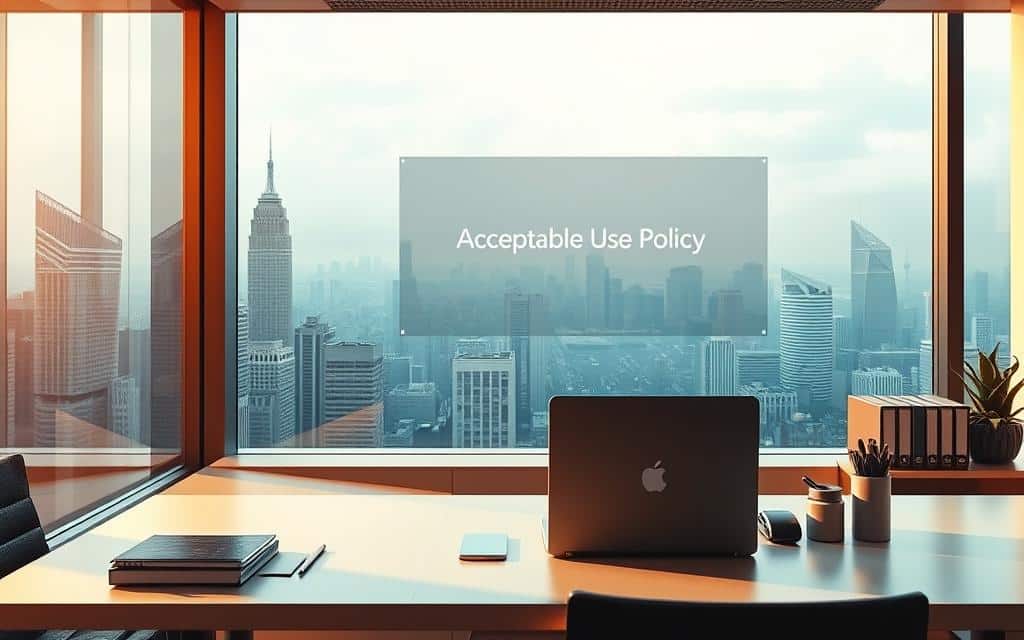 A modern and sleek office interior, with a large window overlooking a bustling city skyline. In the foreground, a minimalist desk with a laptop and a neatly organized array of office supplies. The lighting is warm and natural, casting a soft glow over the scene. On the wall behind the desk, a simple but elegant digital display showcases the "Acceptable Use Policy" in a clean, sans-serif font. The overall atmosphere conveys a sense of professionalism, productivity, and a commitment to responsible data management.