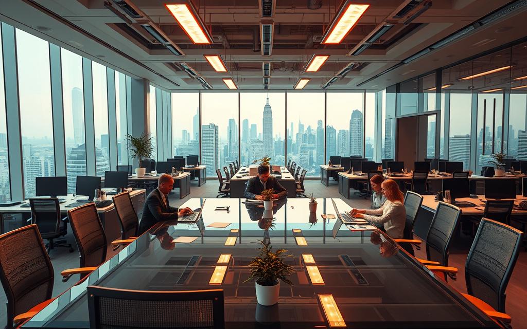 A sleek, modern office space with a focus on efficiency and organization. In the foreground, a team of professionals collaborating around a large, glass conference table, laptops and documents neatly arranged. Overhead, an array of minimalist lighting fixtures cast a warm, productive glow. In the middle ground, rows of ergonomic desks, each adorned with a single, potted plant - a touch of nature amidst the technological prowess. The background reveals floor-to-ceiling windows, offering a panoramic view of a bustling city skyline, symbolizing the scale and scope of the organization's operations. An atmosphere of calculated precision, strategic planning, and unwavering dedication to excellence.