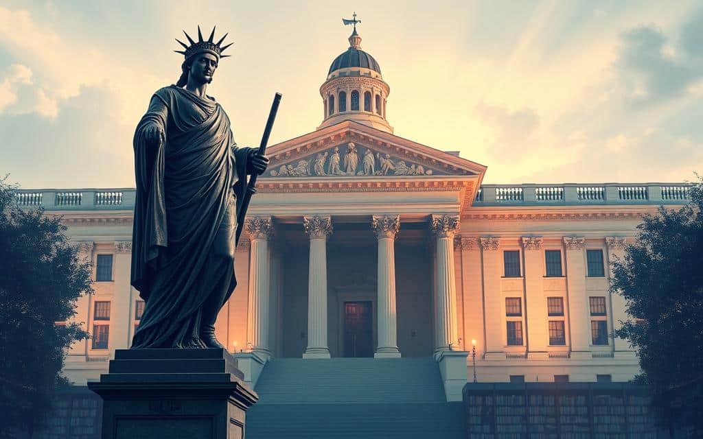 An architectural illustration of the pillars of U.S. copyright law, with a majestic courthouse as the backdrop. In the foreground, a towering bronze statue represents the concept of "fair use," its outstretched arms symbolizing the balanced application of this legal doctrine. In the middle ground, rows of bookshelves depict the library rights that enable nonconsumptive research. The scene is illuminated by soft, warm lighting, conveying a sense of scholarly authority and intellectual discourse. The overall composition suggests the harmonious interplay between the key elements that safeguard the rights of both creators and researchers in the digital age. An architectural illustration of the pillars of U.S. copyright law, with a majestic courthouse as the backdrop. In the foreground, a towering bronze statue represents the concept of "fair use," its outstretched arms symbolizing the balanced application of this legal doctrine. In the middle ground, rows of bookshelves depict the library rights that enable nonconsumptive research. The scene is illuminated by soft, warm lighting, conveying a sense of scholarly authority and intellectual discourse. The overall composition suggests the harmonious interplay between the key elements that safeguard the rights of both creators and researchers in the digital age.