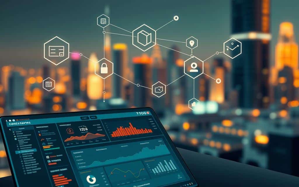 Detailed illustration of integrated software systems, showcasing a range of third-party services seamlessly connected via APIs. In the foreground, a sleek dashboard displaying real-time data and analytics from various integrated platforms. In the middle ground, abstract geometric shapes and icons representing different software modules, connected by smooth, flowing lines. In the background, a subtly blurred cityscape, conveying a sense of the broader technological ecosystem. Warm, neutral tones with hints of blues and greens create a professional, futuristic atmosphere. Crisp, high-resolution render with a shallow depth of field, emphasizing the focal point of the integrated services.