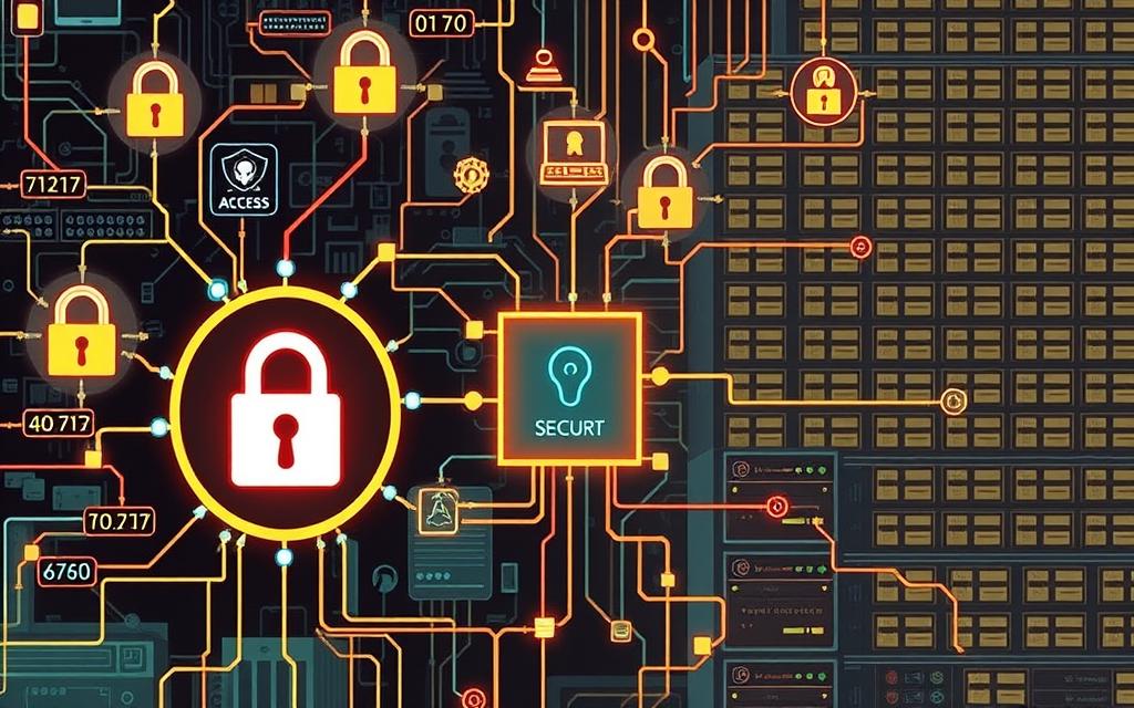 a detailed illustration of API security, depicting a network of interconnected servers and devices with various security protocols and safeguards in place. In the foreground, a keyhole icon represents access control, surrounded by padlock symbols and encryption algorithms. In the middle ground, a virtual firewall blocks unauthorized intrusions, while user authentication mechanisms and data encryption techniques are visually represented. In the background, a gridlike structure of servers and databases conveys the complex infrastructure that must be securely managed, with subtle hints of compliance and governance frameworks that ensure privacy and auditability. a detailed illustration of API security, depicting a network of interconnected servers and devices with various security protocols and safeguards in place. In the foreground, a keyhole icon represents access control, surrounded by padlock symbols and encryption algorithms. In the middle ground, a virtual firewall blocks unauthorized intrusions, while user authentication mechanisms and data encryption techniques are visually represented. In the background, a gridlike structure of servers and databases conveys the complex infrastructure that must be securely managed, with subtle hints of compliance and governance frameworks that ensure privacy and auditability.