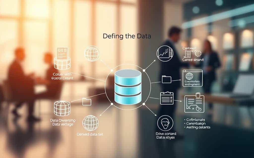 a detailed schematic diagram depicting the key elements of "defining the data" in the context of database content licensing agreements. the foreground shows a central database icon, surrounded by icons representing data ownership, scope, and derived data sets. the middle ground features technical diagrams, flowcharts, and data models illustrating the relationships and interactions between these elements. the background provides a softly blurred business-themed environment, with subtle hints of legal documents, contract signatures, and collaborative team discussions. the overall scene conveys a sense of precision, organization, and technical rigor, with clean lines, muted colors, and thoughtful composition guiding the viewer's attention to the core subject matter.