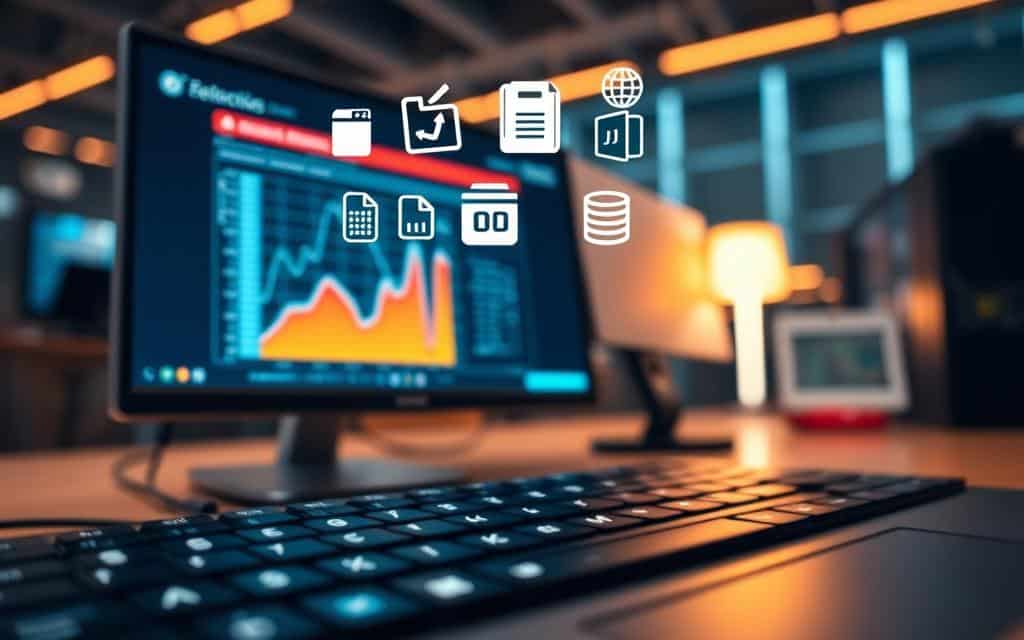 A close-up view of a digital file being analyzed on a computer screen, surrounded by a sleek, high-tech workstation. In the foreground, a modern keyboard with glowing keys and a high-resolution monitor displaying a vibrant graph illustrating database I/O statistics. In the middle, various icons representing files, databases, and analytics float above the screen, symbolizing the process of locating hotspots in data. The background features a softly blurred office setting with warm ambient lighting, creating a focused and professional atmosphere. The image captures the essence of digital analysis with a slight depth of field, emphasizing the file and screen while providing context through the surrounding workspace. The mood is analytical and proactive, highlighting the importance of reducing database I/O bottlenecks. A close-up view of a digital file being analyzed on a computer screen, surrounded by a sleek, high-tech workstation. In the foreground, a modern keyboard with glowing keys and a high-resolution monitor displaying a vibrant graph illustrating database I/O statistics. In the middle, various icons representing files, databases, and analytics float above the screen, symbolizing the process of locating hotspots in data. The background features a softly blurred office setting with warm ambient lighting, creating a focused and professional atmosphere. The image captures the essence of digital analysis with a slight depth of field, emphasizing the file and screen while providing context through the surrounding workspace. The mood is analytical and proactive, highlighting the importance of reducing database I/O bottlenecks.