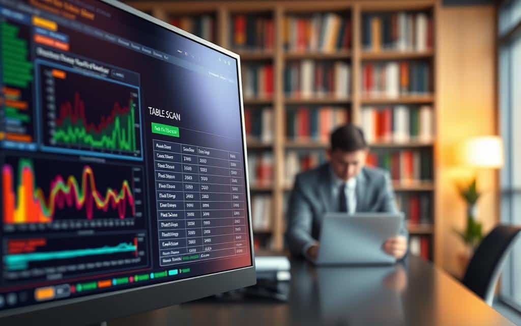 A detailed digital rendering of a technical database query execution plan, prominently featuring a stylized "table scan" diagram at the center. In the foreground, a sleek computer screen displays various colorful graphs and performance metrics, indicating table scans with highlighted sections. In the middle ground, a blurred view of a modern office with a professional person in business attire, intently analyzing data on a laptop. In the background, soft-focus shelves lined with books on database optimization and performance tuning create a scholarly atmosphere. The lighting is bright and focused, casting soft shadows to enhance the sense of depth. The mood is focused and analytical, evoking a sense of problem-solving and technical expertise in database management.