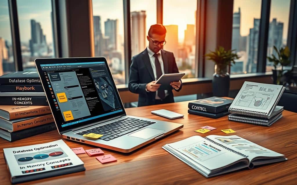 A detailed workspace featuring a "hands-on optimization playbook" for in-memory databases. In the foreground, a sleek wooden desk holds an open laptop displaying intricate database optimization software, surrounded by colorful post-it notes with optimization tips. To one side, a stack of technical books titled "Database Optimization" and "In-Memory Concepts" can be seen. The middle ground features a focused professional, dressed in business attire, examining a digital tablet with graphs and statistics. Background elements include a modern office setting with large windows showcasing a cityscape, bathed in warm, natural light that creates a productive atmosphere. The scene should convey a sense of collaboration and intellectual pursuit, emphasizing the practical approach to database performance improvement. A detailed workspace featuring a "hands-on optimization playbook" for in-memory databases. In the foreground, a sleek wooden desk holds an open laptop displaying intricate database optimization software, surrounded by colorful post-it notes with optimization tips. To one side, a stack of technical books titled "Database Optimization" and "In-Memory Concepts" can be seen. The middle ground features a focused professional, dressed in business attire, examining a digital tablet with graphs and statistics. Background elements include a modern office setting with large windows showcasing a cityscape, bathed in warm, natural light that creates a productive atmosphere. The scene should convey a sense of collaboration and intellectual pursuit, emphasizing the practical approach to database performance improvement.