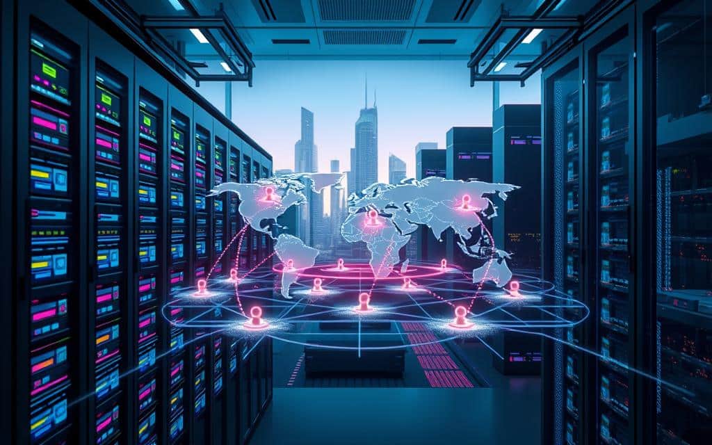 A dynamic visualization of "data locality" in a multi-region context. In the foreground, a sleek, modern server room filled with colorful data storage devices, surrounded by glowing network lines connecting them to various locations on a digital map. In the middle, a structured visualization of different geographic areas marked with small icons representing users accessing data. Ethereal clouds of data transfer paths illustrate the concept of proximity. The background showcases a high-tech cityscape with tall buildings, symbolizing innovation and connectivity. Bright, cool lighting enhances a futuristic atmosphere, captured from a slightly elevated angle to provide depth. The overall mood conveys efficiency and seamless integration of technology serving users close to their data sources. A dynamic visualization of "data locality" in a multi-region context. In the foreground, a sleek, modern server room filled with colorful data storage devices, surrounded by glowing network lines connecting them to various locations on a digital map. In the middle, a structured visualization of different geographic areas marked with small icons representing users accessing data. Ethereal clouds of data transfer paths illustrate the concept of proximity. The background showcases a high-tech cityscape with tall buildings, symbolizing innovation and connectivity. Bright, cool lighting enhances a futuristic atmosphere, captured from a slightly elevated angle to provide depth. The overall mood conveys efficiency and seamless integration of technology serving users close to their data sources.