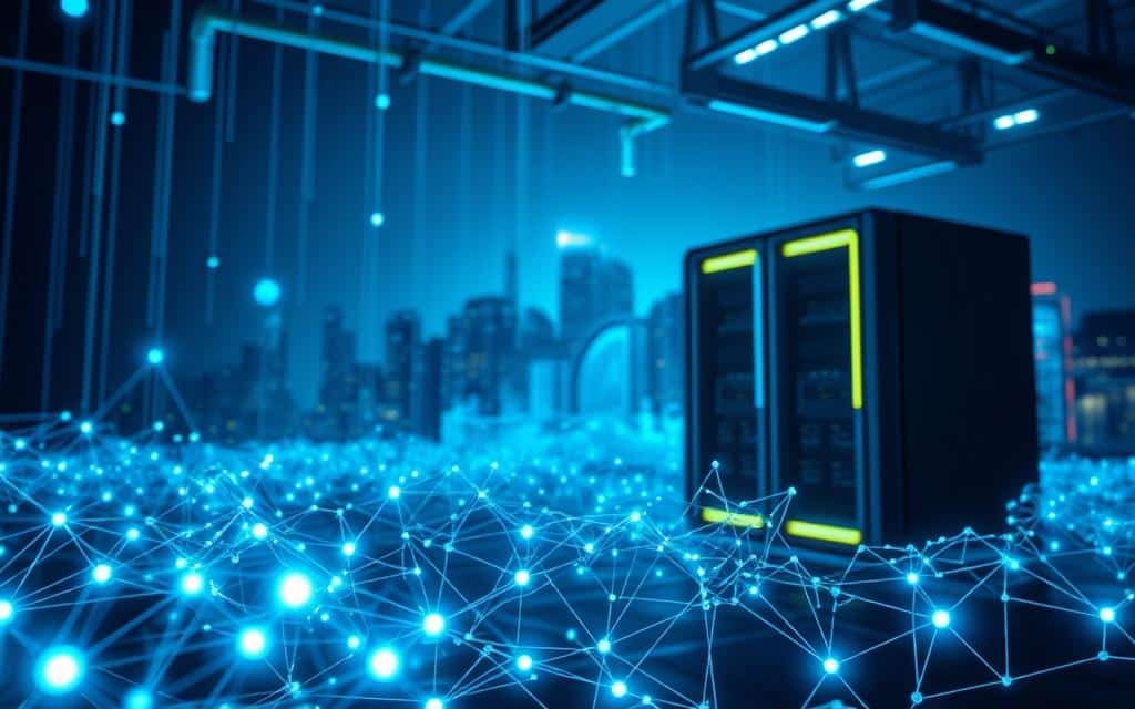 A high-tech scene depicting an abstract representation of an in-memory database, with vibrant, luminous data structures floating in a digital space. In the foreground, intricate, interconnected nodes symbolize memory optimization techniques, glowing softly with blue and green light. The middle ground features a sleek, futuristic server unit emitting faint light, showcasing its advanced technology. In the background, a stylized city skyline fades into a dimly lit ambiance, emphasizing the concept of memory being at the core of modern technology. The scene should be illuminated with a cool, ethereal glow, creating a cutting-edge, professional atmosphere that conveys innovation and efficiency. Capture this from a slightly elevated angle to enhance depth and perspective. A high-tech scene depicting an abstract representation of an in-memory database, with vibrant, luminous data structures floating in a digital space. In the foreground, intricate, interconnected nodes symbolize memory optimization techniques, glowing softly with blue and green light. The middle ground features a sleek, futuristic server unit emitting faint light, showcasing its advanced technology. In the background, a stylized city skyline fades into a dimly lit ambiance, emphasizing the concept of memory being at the core of modern technology. The scene should be illuminated with a cool, ethereal glow, creating a cutting-edge, professional atmosphere that conveys innovation and efficiency. Capture this from a slightly elevated angle to enhance depth and perspective.