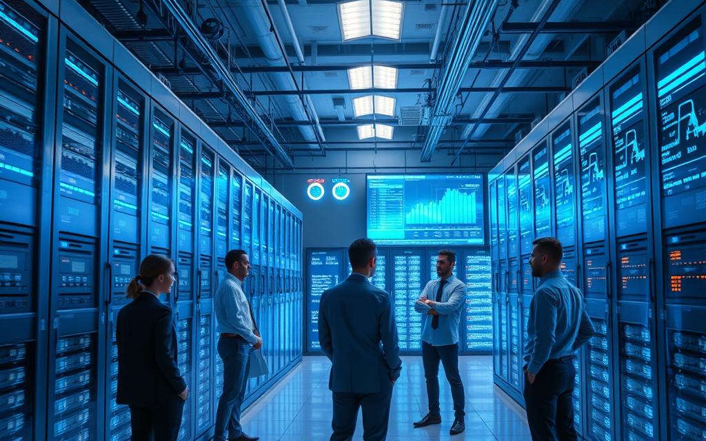 A modern data center interior showcasing a network of powerful parallel database servers seamlessly processing information. In the foreground, a diverse group of IT professionals in business attire are discussing system architecture, highlighting their teamwork in ensuring data resilience. The middle ground features sleek server racks, illuminated by soft blue LED lights, conveying a sense of advanced technology. In the background, large screens display real-time data analytics and network performance metrics, emphasizing continuous data access. The lighting is bright yet balanced, creating a sharp, focused atmosphere that feels both dynamic and collaborative. The overall mood is one of innovation and reliability, illustrating the importance of resilience and availability in modern database systems.