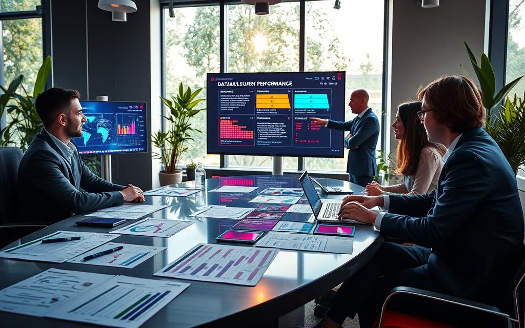 A modern office environment set as the foreground, featuring a sleek conference table littered with technical documents, graphs, and diagrams showcasing database query performance metrics. In the middle ground, a diverse group of four professionals in business attire, passionately discussing and pointing at a digital screen displaying vibrant visualizations of query optimization strategies, including materialization, inlining, and optimization fences. The background includes a large window with natural light pouring in, accentuating a motivational atmosphere enriched by lush indoor plants. Use bright and warm lighting to enhance the sense of collaboration and innovation, captured from a slightly elevated angle to showcase both the team and the screens involved. The overall mood is focused yet dynamic, reflecting the nuances of performance optimization in computing.