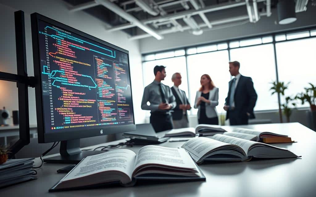 A modern office environment showcasing a sleek, minimalist workspace. In the foreground, a computer monitor displays a vibrant, graphical representation of complex database queries with flowing lines connecting various data points. Scattered around the desk are technical books opened to the chapters on query optimization and schema design. In the middle ground, a diverse group of professionals in smart business attire are engaged in a collaboration, discussing strategies to enhance database performance, with expressions of concentration and teamwork. The background features a large window letting in soft, natural light that creates a bright and focused atmosphere. The overall mood is one of productivity and innovation, emphasizing the importance of refining database queries for improved efficiency. A modern office environment showcasing a sleek, minimalist workspace. In the foreground, a computer monitor displays a vibrant, graphical representation of complex database queries with flowing lines connecting various data points. Scattered around the desk are technical books opened to the chapters on query optimization and schema design. In the middle ground, a diverse group of professionals in smart business attire are engaged in a collaboration, discussing strategies to enhance database performance, with expressions of concentration and teamwork. The background features a large window letting in soft, natural light that creates a bright and focused atmosphere. The overall mood is one of productivity and innovation, emphasizing the importance of refining database queries for improved efficiency.
