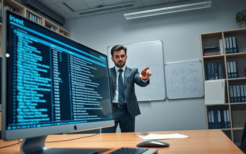 A modern office scene depicting a detailed full-text index visualization. In the foreground, a sleek computer monitor showcases an interactive database interface displaying various indexed columns and key terms in an organized format. The middle ground features a professional person, dressed in business attire, pointing at the monitor with a look of concentration, embodying the theme of database management. The background displays shelves filled with technical books and a whiteboard with diagrams and notes on full-text indexing strategies. Soft, diffused lighting illuminates the workspace, creating a focused yet inviting atmosphere. The angle captures the depth of the office, emphasizing the importance of indexing in data retrieval, while ensuring a clean and professional visual experience without any text or distractions.