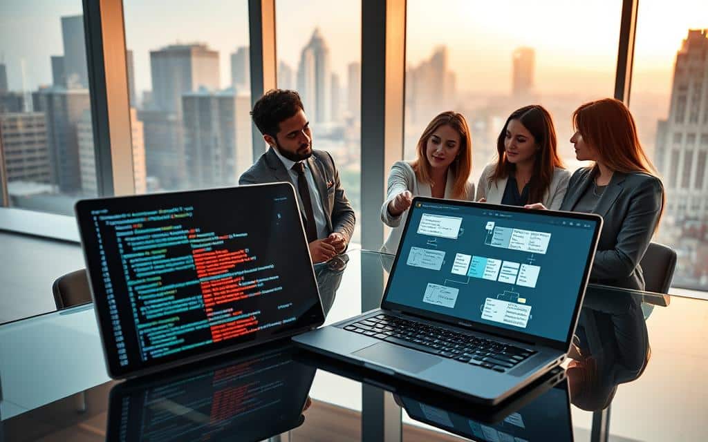 A sleek and modern office environment as the backdrop, featuring a large glass table with a high-tech laptop open, displaying complex SQL query code with highlighted Common Table Expressions (CTEs). In the foreground, a diverse group of three professional individuals in business attire, engaged in a focused discussion, pointing to a digital tablet illustrating CTE diagrams and data flow. Soft, ambient lighting enhances the atmosphere, creating a collaborative and innovative mood. In the background, large windows reveal a bustling cityscape, suggesting productivity and technology. The camera angle is slightly above eye level, capturing the group interaction and the dynamic visual elements of SQL code on the laptop, emphasizing the theme of optimization and data organization.