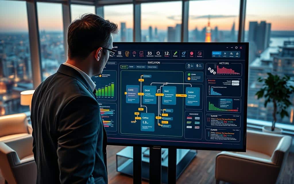 A sleek, modern digital workspace showcasing an execution plan for database query optimization. In the foreground, a professional business person in business attire, thoughtfully analyzing a large touchscreen display filled with colorful graphs and data metrics related to estimated, actual, and live statistics. In the middle, a detailed visualization of an execution plan with highlighted nodes and pathways, illustrating the flow of data and processing steps. In the background, a high-tech office with elegant furniture, ambient lighting, and large windows offering a city skyline view. The atmosphere is focused and analytical, conveying a sense of professionalism and innovation, with soft light highlighting the intricate details of the data on the screen.