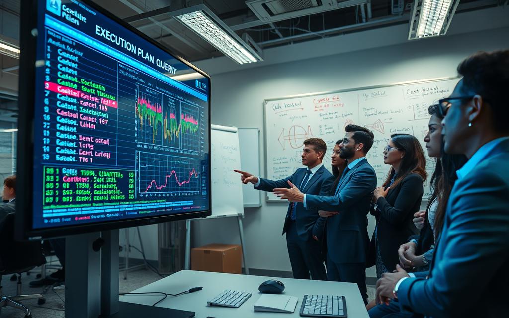 A sophisticated office environment filled with analytical tools. In the foreground, a large digital screen displays a detailed execution plan with colorful charts and graphs illustrating different query optimization methods. The middle ground features a diverse group of professionals in business attire, deep in discussion, pointing at the screen. Soft focus highlights their engaged expressions, capturing a collaborative atmosphere. The background reveals a whiteboard filled with handwritten notes, equations, and diagrams related to SQL query strategies. Overhead lighting creates a bright, energetic ambiance, while a wide-angle view ensures all elements are visible, emphasizing the contrast between rule-based and cost-based approaches. The overall mood is focused and informative, ideal for a technical discussion. A sophisticated office environment filled with analytical tools. In the foreground, a large digital screen displays a detailed execution plan with colorful charts and graphs illustrating different query optimization methods. The middle ground features a diverse group of professionals in business attire, deep in discussion, pointing at the screen. Soft focus highlights their engaged expressions, capturing a collaborative atmosphere. The background reveals a whiteboard filled with handwritten notes, equations, and diagrams related to SQL query strategies. Overhead lighting creates a bright, energetic ambiance, while a wide-angle view ensures all elements are visible, emphasizing the contrast between rule-based and cost-based approaches. The overall mood is focused and informative, ideal for a technical discussion.