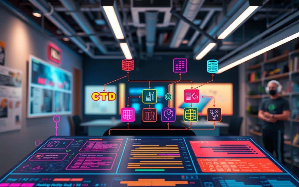 A vibrant and intricate visual representation of query patterns for NoSQL databases. In the foreground, a detailed, colorful flowchart displays various query scenarios, such as data retrieval and aggregation, designed to reflect complex relationships. In the middle, stylized icons representing different data models like key-value, document, and graph databases hover above a sleek digital dashboard. The background features a futuristic office environment with subtle hints of technology, like glowing screens and holographic displays, enhancing the tech-savvy atmosphere. Soft, ambient lighting from above casts a warm glow, with a focus on clarity and organization in the design. The overall mood is innovative and professional, perfect for illustrating technological strategies.