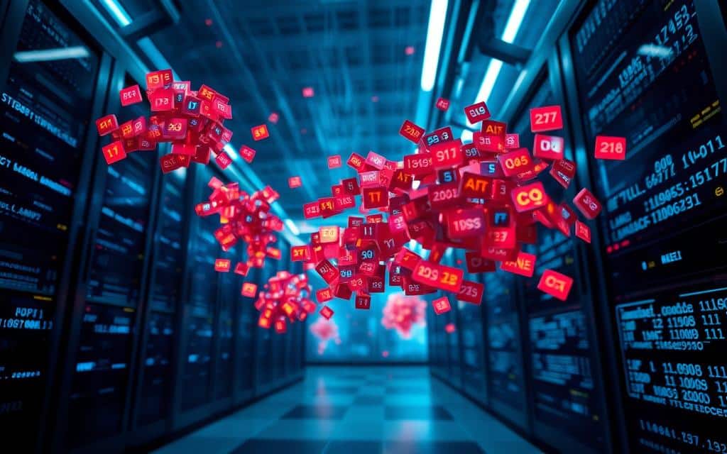 A visually striking representation of full-text index tokens in a database context. In the foreground, clusters of luminous, colorful tokens resembling words and phrases float mid-air, each token showcasing different types of data, symbolizing the diversity of searchable content. The middle ground features sleek, modern database servers, lit by soft, ambient blue lighting, reflecting data flow and connectivity. The background includes abstract digital patterns and flowing binary code, creating a sense of depth and complexity. The scene is shot from a low angle, giving it a dynamic perspective, with a focus on the tokens that give life to the full-text indexing concept. The atmosphere is professional and high-tech, conveying a sense of innovation and analytical precision.