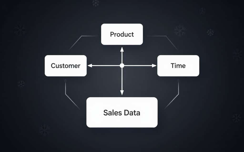 A detailed illustration of a snowflake schema normalized table relationships, depicted in a flat vector style with clean lines and high contrast. In the foreground, a large central fact table labeled “Sales Data” connects to several dimension tables captured in a symmetrical design around it, representing "Customer", "Product", and "Time" dimensions. The tables are interconnected with clear lines showing relationships, and smaller sub-dimension tables branching off from main dimensions, illustrating normalization. The background is a soft gradient color with subtle glow accents that enhance the visual depth. The overall atmosphere should be professional and informative, ideal for an educational context. Use a straightforward composition with a focus on clarity and precision, avoiding any clutter or extraneous elements.