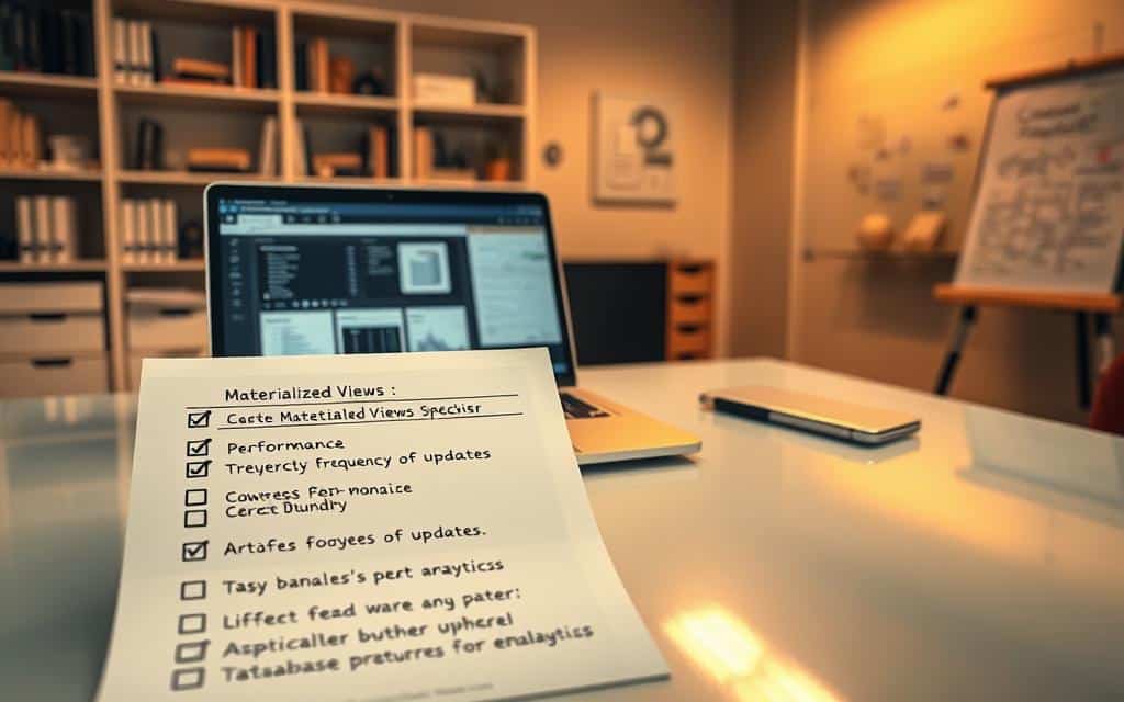 A detailed, organized checklist illustrating the decision points for creating materialized views, set on a sleek, modern desk. In the foreground, a neatly arranged checklist with bullet points, using symbols to denote key considerations, such as performance, frequency of updates, and storage implications. The middle ground features a laptop displaying database diagrams and analytics dashboards, hinting at database performance tuning. In the background, a softly lit office environment with shelves holding technical books and a whiteboard with strategic notes. The atmosphere is professional and focused, enhanced by warm, diffused lighting that creates a productive vibe. The image is shot from a slightly elevated angle, conveying an engaging and informative perspective, ideal for tech-savvy readers. A detailed, organized checklist illustrating the decision points for creating materialized views, set on a sleek, modern desk. In the foreground, a neatly arranged checklist with bullet points, using symbols to denote key considerations, such as performance, frequency of updates, and storage implications. The middle ground features a laptop displaying database diagrams and analytics dashboards, hinting at database performance tuning. In the background, a softly lit office environment with shelves holding technical books and a whiteboard with strategic notes. The atmosphere is professional and focused, enhanced by warm, diffused lighting that creates a productive vibe. The image is shot from a slightly elevated angle, conveying an engaging and informative perspective, ideal for tech-savvy readers.