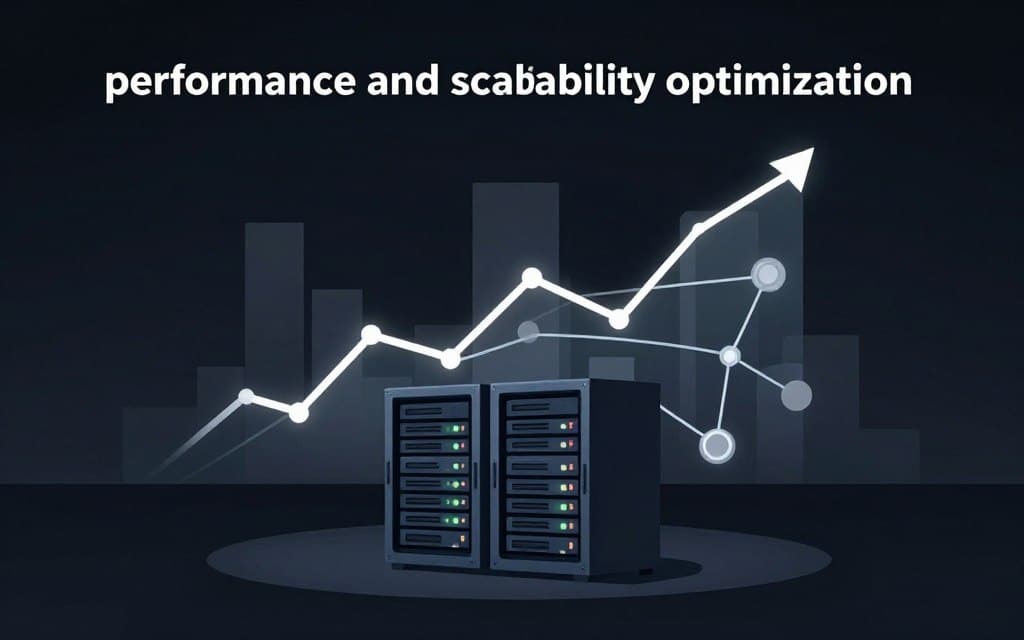 A digital illustration representing "performance and scalability optimization" in a flat vector style, featuring a sleek, modern data center in the foreground with server racks showcasing advanced technology and glowing indicators. In the middle ground, visualize a flowing graph with upward trends and interconnected nodes symbolizing data processing speed and efficiency. The background should depict a calm, futuristic skyline with soft glow accents highlighting the importance of technological advancement. Use high contrast to emphasize the clean lines and structures, creating a professional and innovative atmosphere that conveys the essence of optimization in data management. Soft, ambient lighting enhances the clarity of the scene without any people or text. A digital illustration representing "performance and scalability optimization" in a flat vector style, featuring a sleek, modern data center in the foreground with server racks showcasing advanced technology and glowing indicators. In the middle ground, visualize a flowing graph with upward trends and interconnected nodes symbolizing data processing speed and efficiency. The background should depict a calm, futuristic skyline with soft glow accents highlighting the importance of technological advancement. Use high contrast to emphasize the clean lines and structures, creating a professional and innovative atmosphere that conveys the essence of optimization in data management. Soft, ambient lighting enhances the clarity of the scene without any people or text.