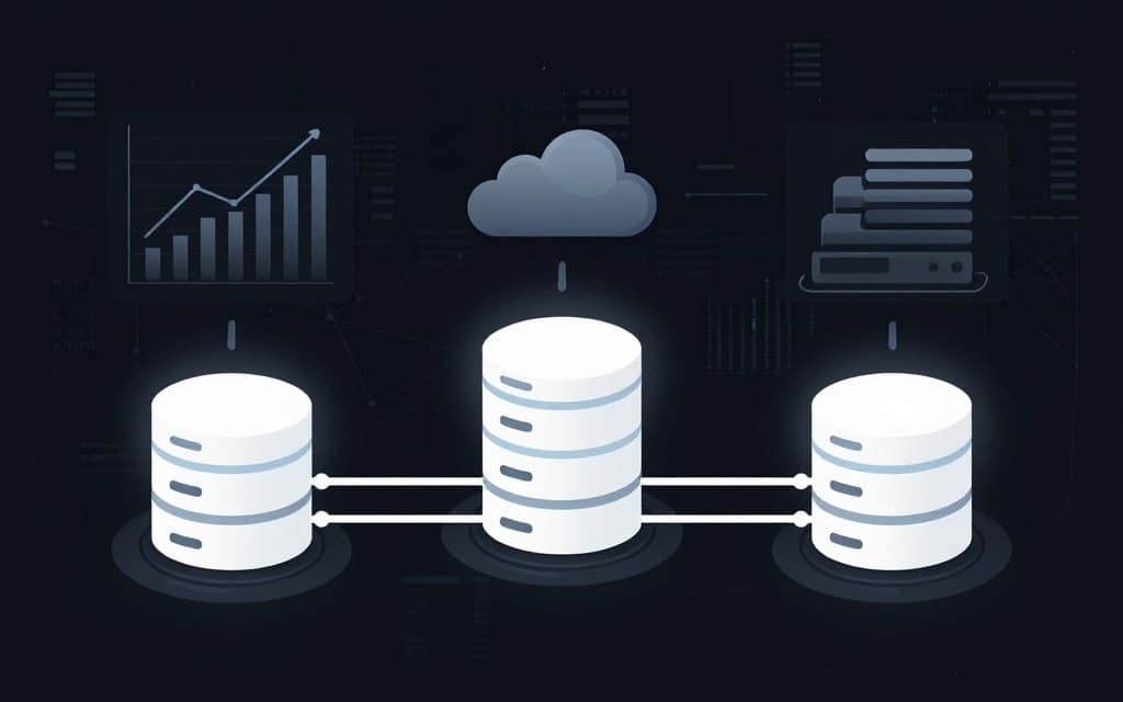A flat vector style illustration depicting performance optimization techniques in database design. In the foreground, showcase clean, sharp lines of interconnected database servers with soft glow accents, symbolizing efficiency and speed. In the middle layer, include graphs and charts representing improved performance metrics and scalable resources, such as cloud services and virtual machines. In the background, create a subtle digital landscape featuring abstract representations of data flows and network connections, emphasizing a sense of complexity and modernity. Use high contrast with a sleek, polished finish. The lighting should be bright and focused, creating a professional and innovative atmosphere.