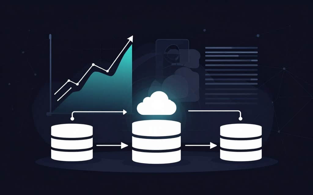 A flat vector style illustration depicting the concept of IoT database scalability and performance, with a focus on clean lines and high contrast. In the foreground, a stylized representation of interconnected database icons and cloud symbols, showcasing data flow with soft glow accents. The middle layer presents abstract, dynamic graphs and charts indicating performance metrics, symbolizing scalability. The background features a digital network grid, emphasizing connectivity and system architecture. The overall mood is futuristic and professional, with a vibrant color palette that highlights technology and innovation. The composition should have balanced lighting, creating a visually appealing and informative scene without any people or text elements.