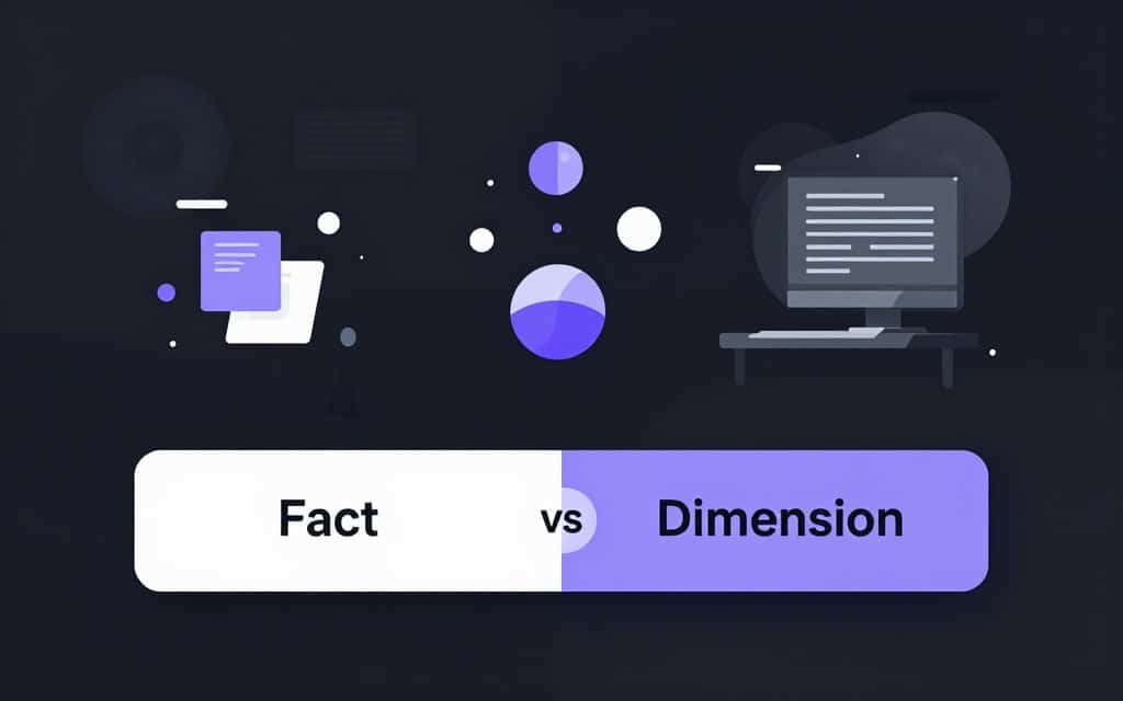 A flat vector-style illustration depicting the concept of data modeling challenges and best practices. In the foreground, a visually striking diagram illustrates the differences between fact tables and dimension tables, with clear lines and contrasting colors. The middle layer features common data modeling challenges, represented as abstract, geometric shapes symbolizing complexity and confusion. In the background, soft glow accents highlight a digital workspace, evoking a clean, modern atmosphere conducive to problem-solving. The image embodies a sense of professionalism and clarity, with high contrast elements that draw the eye to key components, all without any people, text, or additional distractions.