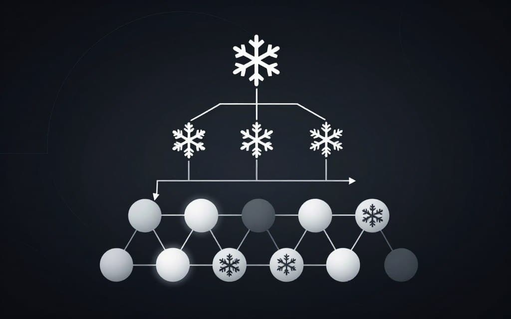 A flat vector style illustration showcasing a snowflake schema design with a focus on scalability and data integrity. In the foreground, detailed nodes represent multiple interconnected tables with clean lines and soft glow accents highlighting key data relationships. The middle ground features arrows and pathways to symbolize data flow and organization, emphasizing the branching structure of the snowflake schema. The background consists of a subtle gradient that enhances depth while remaining uncluttered, with high contrast elements to draw attention to the schema. The overall mood is professional and educational, perfect for conveying the complexities of data architecture in a clear, engaging manner.
