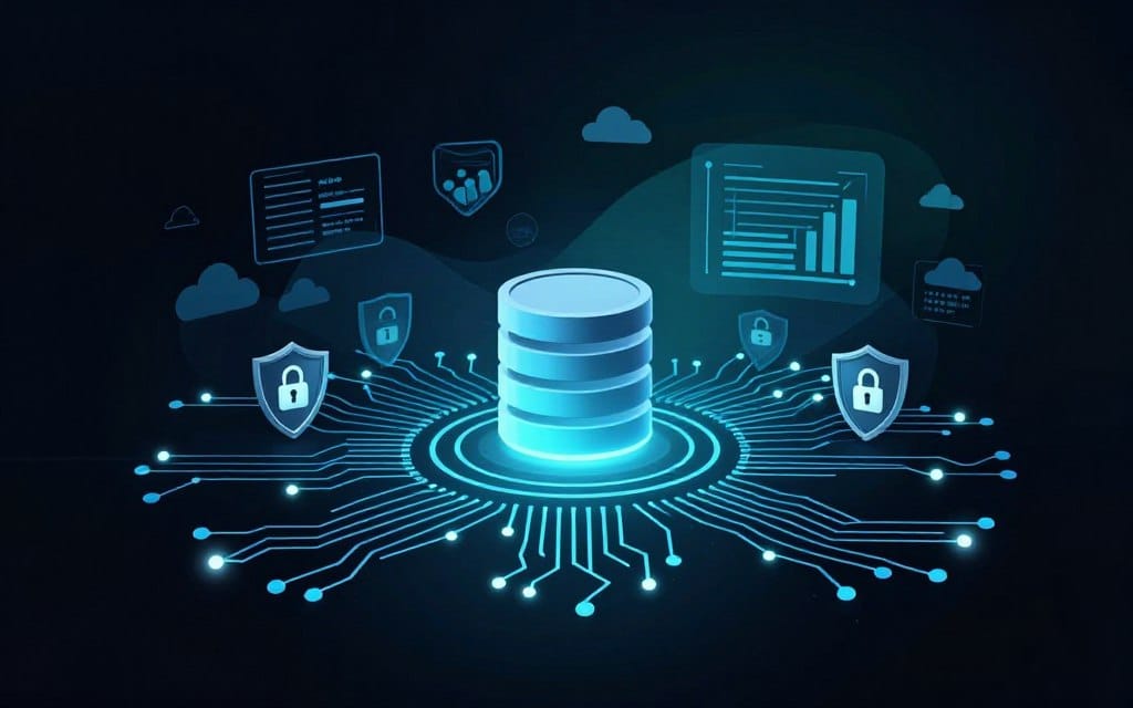 A futuristic representation of IoT data security and analytics features, set against a sleek, digital landscape. In the foreground, intricate, interconnected circuit patterns symbolize data flow and security, highlighted by glowing nodes that represent secured data points. The middle ground features a stylized database icon surrounded by visual analytics graphs and shields, showcasing advanced security measures. In the background, a gradient of electric blue and dark teal emphasizes depth, with abstract shapes and cloud-like elements suggesting data storage and processing. The scene is illuminated by soft glow accents, creating a high-tech atmosphere, while clean lines and high contrast enhance clarity. The overall mood reflects innovation and reliability in IoT systems.