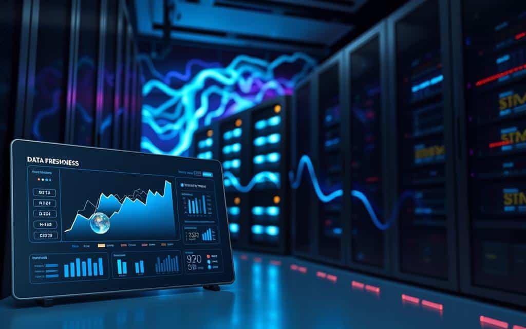 A visually striking and informative representation of "materialized view data freshness," set in a modern data center. In the foreground, a sleek and futuristic digital dashboard displays dynamic graphs and refreshing indicators of data updates, emphasizing the concept of data freshness. In the middle, illuminated servers and data storage units pulse subtly with a cool blue light, symbolizing stability and performance. The background features abstract, flowing data streams visualized in vibrant colors, suggesting the constant change and refresh rate of data. The mood is professional and energetic, with a slight tilt of the camera angle to create depth. Soft, diffused lighting enhances the technology theme without overshadowing the key elements, inviting viewers to engage with the concept of performance tuning and optimization in a data-driven environment. A visually striking and informative representation of "materialized view data freshness," set in a modern data center. In the foreground, a sleek and futuristic digital dashboard displays dynamic graphs and refreshing indicators of data updates, emphasizing the concept of data freshness. In the middle, illuminated servers and data storage units pulse subtly with a cool blue light, symbolizing stability and performance. The background features abstract, flowing data streams visualized in vibrant colors, suggesting the constant change and refresh rate of data. The mood is professional and energetic, with a slight tilt of the camera angle to create depth. Soft, diffused lighting enhances the technology theme without overshadowing the key elements, inviting viewers to engage with the concept of performance tuning and optimization in a data-driven environment.