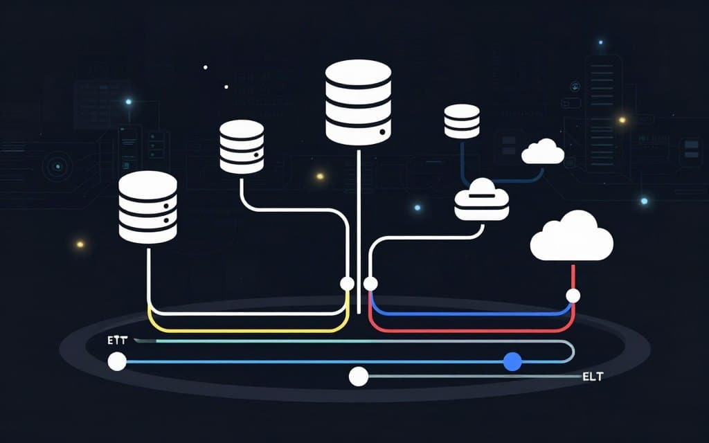 A visually striking flat vector illustration representing data integration concepts in a data warehouse context. The foreground features interconnected data nodes and vibrant flow lines symbolizing ETL/ELT strategies, with clean lines and high contrast. In the middle ground, abstract database icons and cloud storage elements are arranged dynamically, showcasing different data types merging seamlessly. The background presents a digital landscape with soft glow accents, suggesting an expansive technological environment. The overall atmosphere is professional and innovative, reflecting the complexity and efficiency of data integration processes. The lighting is soft and evenly distributed, enhancing depth while maintaining clarity throughout the composition. No people or text should be included.