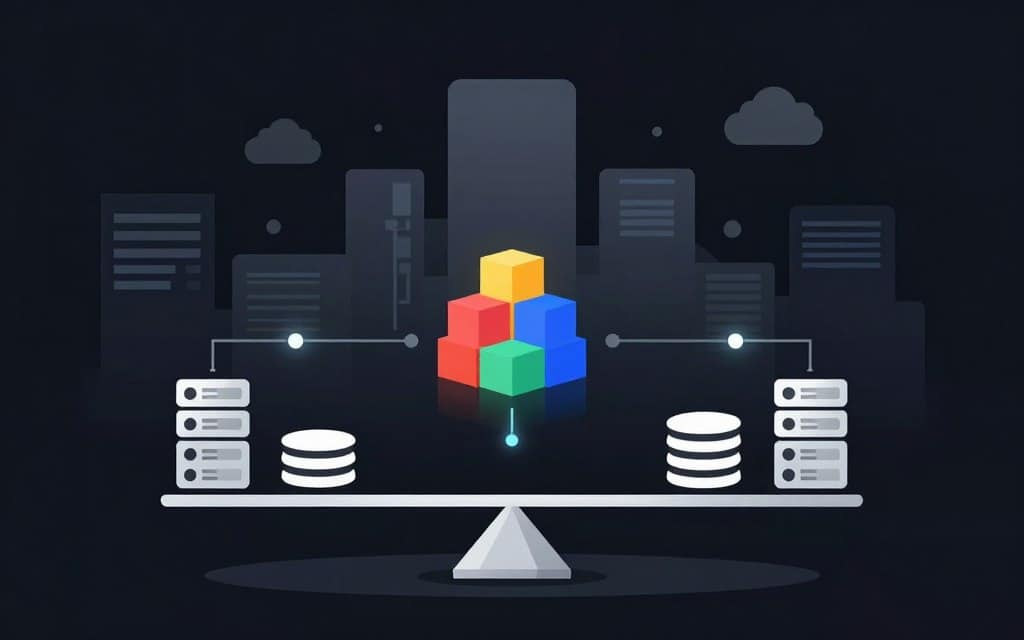 A visually striking flat vector style illustration representing the concepts of balancing, isolation, scalability, and customization in the context of multi-tenant database schemas. The foreground features abstract geometric shapes symbolizing balance, such as a teetering scale made of servers and database icons, connected by glowing lines. In the middle layer, isolated clusters of colorful blocks represent customization, standing apart with soft glow accents indicating their individuality. The background showcases a gradient skyline of minimalist data structures and cloud icons, implying scalability with clean lines and high contrast. The overall atmosphere should feel dynamic and professional, with a futuristic touch, illuminated by gentle, ambient lighting that enhances the contrast and depth of the image. No human figures are present, ensuring a focus on the conceptual design.
