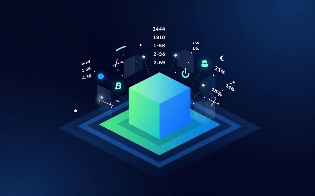 An abstract illustration of derived and calculated measures in a data analytics context, featuring an OLAP cube at the center, with vibrant, geometric representations of data points and relationships radiating outward. In the foreground, visualize clean, overlapping vectors in shades of blue and green, symbolizing efficiency and clarity. The middle layer showcases floating numerical values and mathematical symbols, connected by soft glow accents that suggest interaction and analysis. The background is a gradient of deep navy to lighter sky tones, representing the digital realm of data exploration. The overall mood should convey a sense of precision, professionalism, and innovative analysis, with high contrast for visual impact and no people or text elements included.