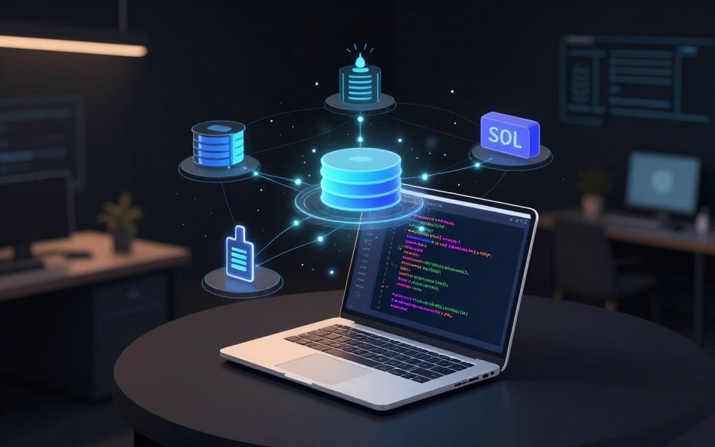 A detailed illustration of implementing AI SQL tools in a modern database environment. In the foreground, a sleek, stylized laptop displays a vibrant SQL code interface filled with colorful syntax highlighting. The middle layer features a holographic representation of AI algorithms and databases, intricately connected with glowing lines, symbolizing data flow and optimization. The background showcases a futuristic office setting with abstract tech-themed visuals, soft glow accents, and clean lines, all set in high contrast. The atmosphere conveys innovation and efficiency, with warm lighting creating a dynamic ambiance. No people are included, ensuring a clear focus on the technological elements.