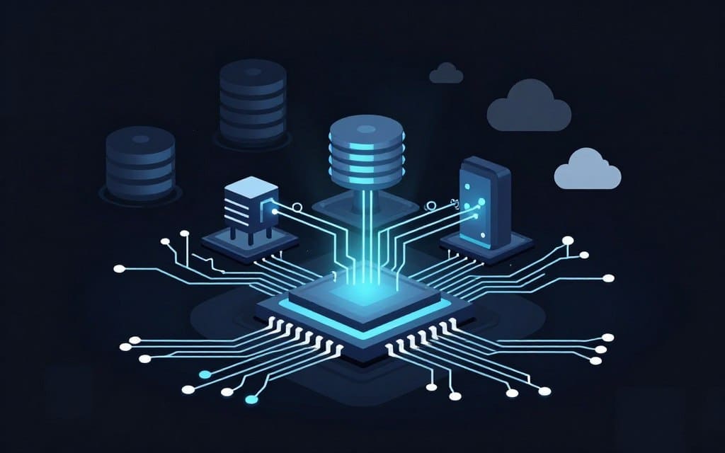 A flat vector illustration of core components in embedded AI systems, showcasing intricate layers of circuitry and neural network designs. In the foreground, display a detailed microchip with glowing pathways symbolizing data flow. The middle layer features interconnected sensors and processing units, highlighted with soft glow accents to indicate their functionality. The background is a clean digital landscape with abstract representations of databases and cloud storage, using high contrast colors for emphasis. The overall atmosphere is futuristic and technologically advanced, conveying a sense of innovation and efficiency. The lighting is bright and focused, accentuating the components, with clean lines and a polished finish throughout the composition. A flat vector illustration of core components in embedded AI systems, showcasing intricate layers of circuitry and neural network designs. In the foreground, display a detailed microchip with glowing pathways symbolizing data flow. The middle layer features interconnected sensors and processing units, highlighted with soft glow accents to indicate their functionality. The background is a clean digital landscape with abstract representations of databases and cloud storage, using high contrast colors for emphasis. The overall atmosphere is futuristic and technologically advanced, conveying a sense of innovation and efficiency. The lighting is bright and focused, accentuating the components, with clean lines and a polished finish throughout the composition.