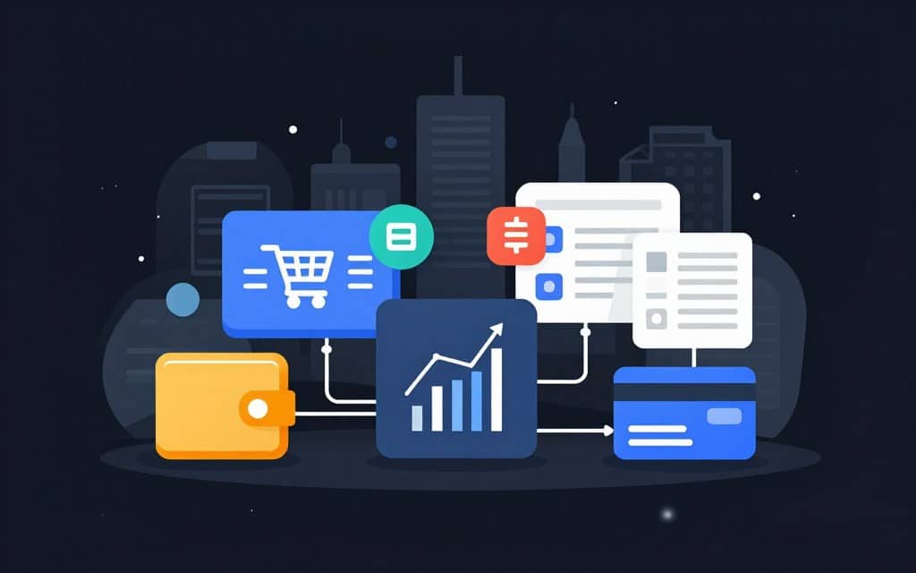 A flat vector illustration showcasing sector-specific applications of in-memory databases within finance and e-commerce. In the foreground, depict dynamic icons representing finance, such as a digital wallet, stock market graphs, and a credit card, all interconnected with clean lines. In the middle ground, incorporate e-commerce elements like shopping carts, online payment symbols, and product listings, creating a vibrant digital marketplace atmosphere. The background should feature a futuristic city skyline with abstract shapes and glowing accents, symbolizing ongoing technological advancements. Use high contrast with soft glow effects to enhance visual appeal, ensuring a professional, innovative mood that reflects the future of database applications. A flat vector illustration showcasing sector-specific applications of in-memory databases within finance and e-commerce. In the foreground, depict dynamic icons representing finance, such as a digital wallet, stock market graphs, and a credit card, all interconnected with clean lines. In the middle ground, incorporate e-commerce elements like shopping carts, online payment symbols, and product listings, creating a vibrant digital marketplace atmosphere. The background should feature a futuristic city skyline with abstract shapes and glowing accents, symbolizing ongoing technological advancements. Use high contrast with soft glow effects to enhance visual appeal, ensuring a professional, innovative mood that reflects the future of database applications.