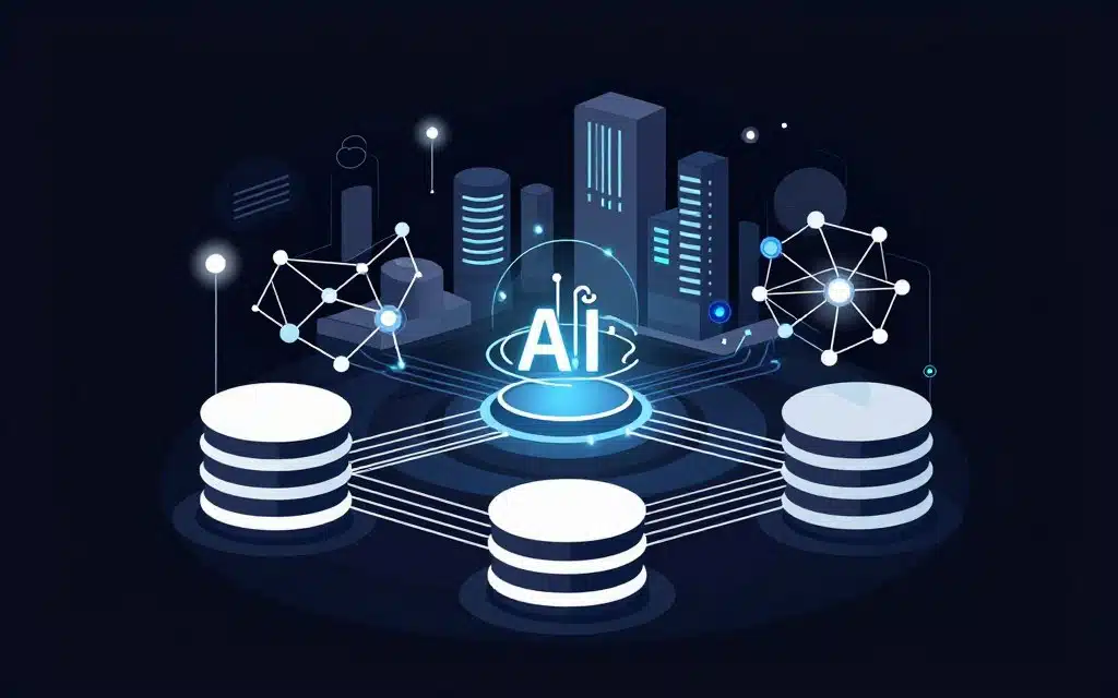 A futuristic flat vector illustration depicting machine learning database innovations. In the foreground, intricate database icons emerge, composed of clean lines and connected by glowing data streams. The middle layer features abstract representations of artificial intelligence algorithms and neural networks, symbolizing technological advancements. In the background, a sleek digital landscape showcases towering data structures, illuminated with soft glow accents and high-contrast colors to emphasize innovation. The overall atmosphere should convey a sense of progress and inspiration, suggesting the transformative impact of these technologies on next-generation systems. The lighting is dynamic, casting soft shadows and enhancing the depth of the illustration. A futuristic flat vector illustration depicting machine learning database innovations. In the foreground, intricate database icons emerge, composed of clean lines and connected by glowing data streams. The middle layer features abstract representations of artificial intelligence algorithms and neural networks, symbolizing technological advancements. In the background, a sleek digital landscape showcases towering data structures, illuminated with soft glow accents and high-contrast colors to emphasize innovation. The overall atmosphere should convey a sense of progress and inspiration, suggesting the transformative impact of these technologies on next-generation systems. The lighting is dynamic, casting soft shadows and enhancing the depth of the illustration.