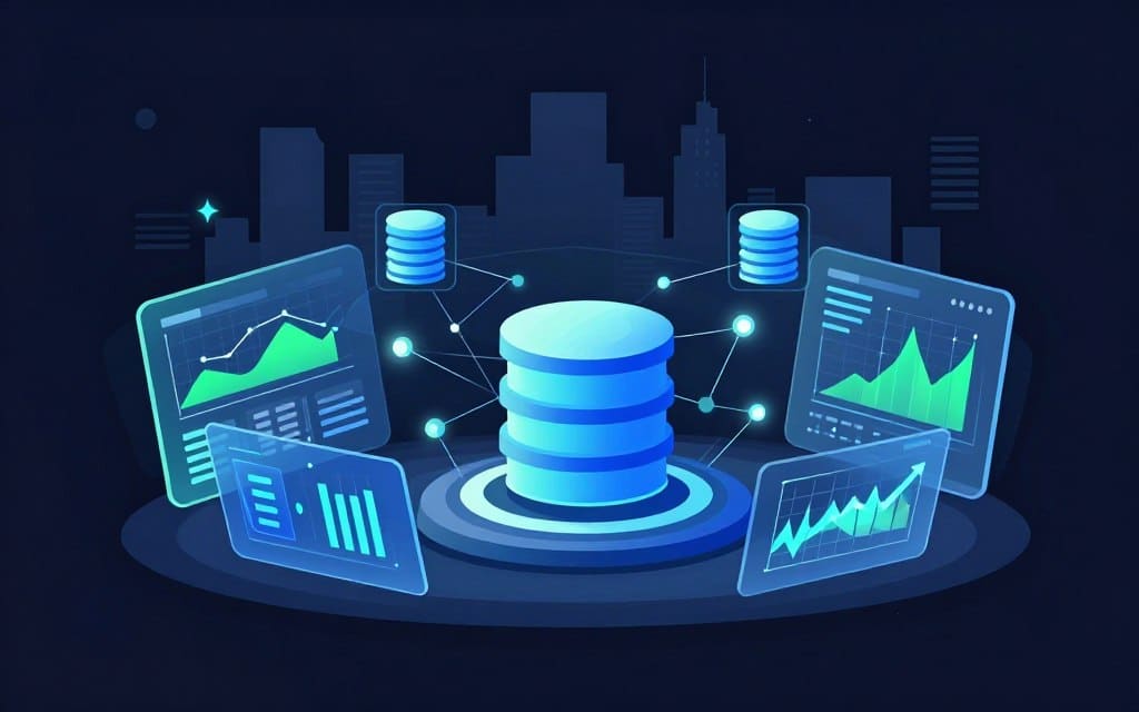 A futuristic flat vector illustration of AI analytics database monitoring tools, showcasing advanced data visualizations such as graphs, charts, and heat maps. In the foreground, depict sleek, high-tech dashboard interfaces with glowing touchscreens displaying real-time analytics. The middle ground features interconnected database icons and network nodes, symbolizing data flow and connectivity. In the background, provide a soft-focus, abstract skyline or cityscape representing digital innovation. Use a vibrant color palette with a focus on blues and greens, employing soft glow accents to enhance the technology feel. Incorporate clean lines and high contrast throughout the composition, creating a modern and professional atmosphere suited for a tech-focused theme. A futuristic flat vector illustration of AI analytics database monitoring tools, showcasing advanced data visualizations such as graphs, charts, and heat maps. In the foreground, depict sleek, high-tech dashboard interfaces with glowing touchscreens displaying real-time analytics. The middle ground features interconnected database icons and network nodes, symbolizing data flow and connectivity. In the background, provide a soft-focus, abstract skyline or cityscape representing digital innovation. Use a vibrant color palette with a focus on blues and greens, employing soft glow accents to enhance the technology feel. Incorporate clean lines and high contrast throughout the composition, creating a modern and professional atmosphere suited for a tech-focused theme.