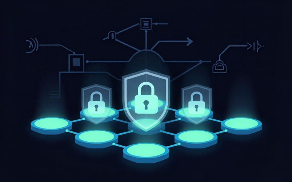 A futuristic representation of blockchain technology symbolizing trust, compliance, and regulatory alignment within supply chains. In the foreground, a series of interlocking blockchain nodes glowing softly with a blue and green hue, showcasing clean lines and a flat vector style. The middle layer features transparent shields or locks, signifying security and compliance, illuminated by gentle ambient light. In the background, a abstract representation of a supply chain network, with stylized arrows indicating movement and flow, all under a digital grid sky creating depth. The overall mood is optimistic and progressive, exuding a sense of reliability and innovation, with high contrast to emphasize the elements. A futuristic representation of blockchain technology symbolizing trust, compliance, and regulatory alignment within supply chains. In the foreground, a series of interlocking blockchain nodes glowing softly with a blue and green hue, showcasing clean lines and a flat vector style. The middle layer features transparent shields or locks, signifying security and compliance, illuminated by gentle ambient light. In the background, a abstract representation of a supply chain network, with stylized arrows indicating movement and flow, all under a digital grid sky creating depth. The overall mood is optimistic and progressive, exuding a sense of reliability and innovation, with high contrast to emphasize the elements.