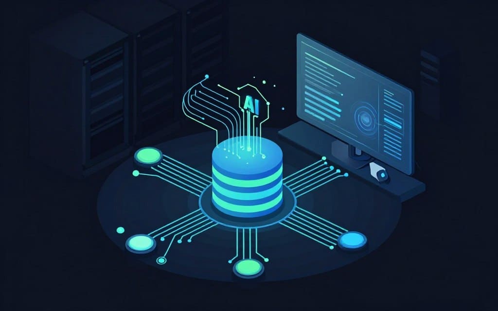 A futuristic self-healing database system concept illustrated in a flat vector style. In the foreground, vibrant digital nodes and interconnected circuits symbolize the database architecture, glowing softly with blue and green accents. In the middle, an abstract representation of AI algorithms, depicted as flowing lines of light that dynamically adjust and repair the database. In the background, a sleek, modern server room with holographic displays showcasing real-time analytics, bathed in cool, diffused lighting that adds depth. The overall mood is one of innovation and efficiency, reflecting a high-tech environment. Clean lines and high contrast enhance the visual impact, creating a captivating image that embodies the essence of AI-powered self-healing databases.