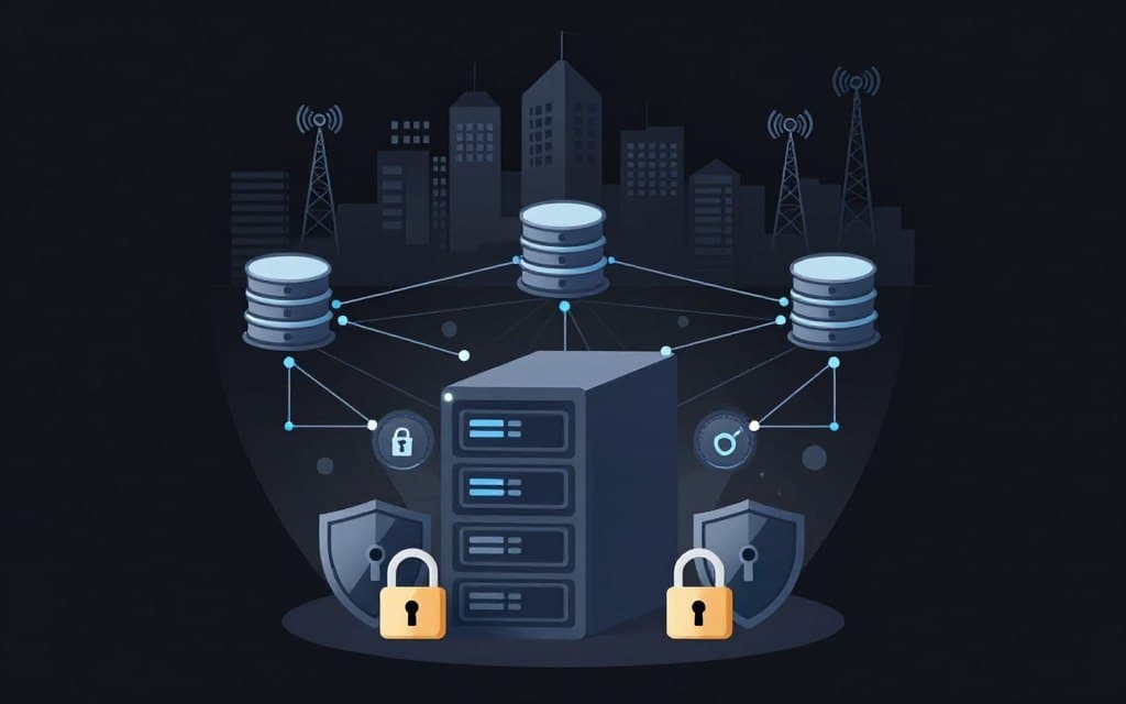 A visually engaging illustration representing "database security integration" in a flat vector style. In the foreground, a large, secure server surrounded by digital locks and shields, showcasing data protection. In the middle layer, a network diagram with connected databases, firewalls, and security protocols illustrated with clean lines and glowing accents. The background features a city skyline with 5G towers, symbolizing modern connectivity and data transfer. The overall mood is one of sophistication and security, with high contrast colors emphasizing the importance of database protection in the age of 5G. The lighting is soft but dynamic, casting gentle highlights to enhance key elements while maintaining clarity throughout the scene. A visually engaging illustration representing "database security integration" in a flat vector style. In the foreground, a large, secure server surrounded by digital locks and shields, showcasing data protection. In the middle layer, a network diagram with connected databases, firewalls, and security protocols illustrated with clean lines and glowing accents. The background features a city skyline with 5G towers, symbolizing modern connectivity and data transfer. The overall mood is one of sophistication and security, with high contrast colors emphasizing the importance of database protection in the age of 5G. The lighting is soft but dynamic, casting gentle highlights to enhance key elements while maintaining clarity throughout the scene.