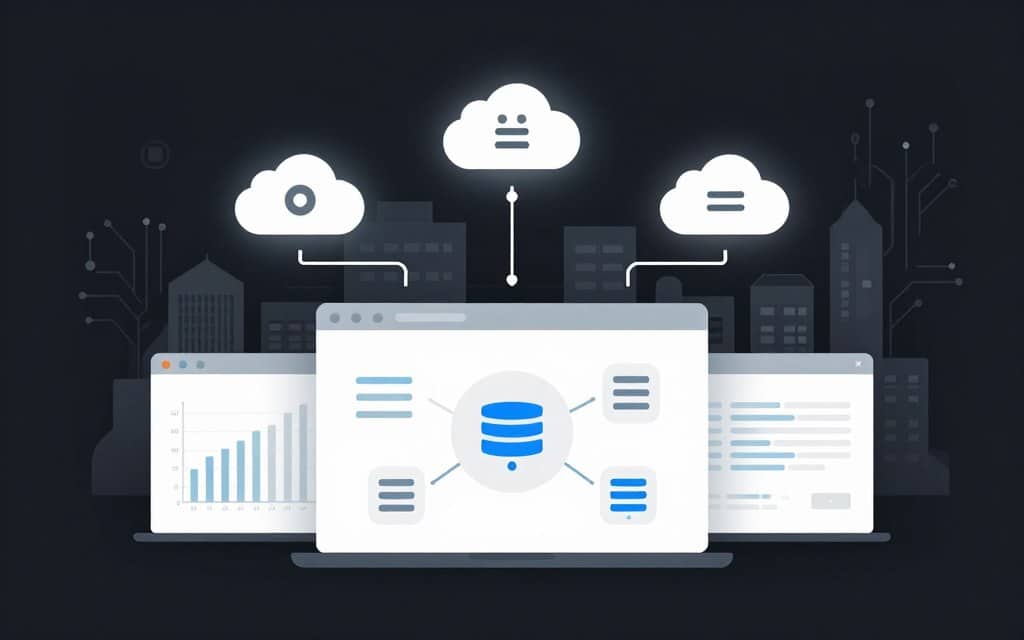 A visually striking flat vector illustration representing unified database management tools. In the foreground, a sleek, modern user interface featuring graphs, charts, and database icons demonstrates seamless database integration and management. The middle layer showcases interconnected cloud symbols and digital data flows, emphasizing the cloud-native aspect. In the background, a tech-inspired city skyline with faint circuit patterns creates a futuristic environment. Use a soft glow to highlight key elements, enhancing the clean lines and high contrast throughout the image. The overall mood is innovative and professional, evoking a sense of advanced technology and seamless efficiency in database management.