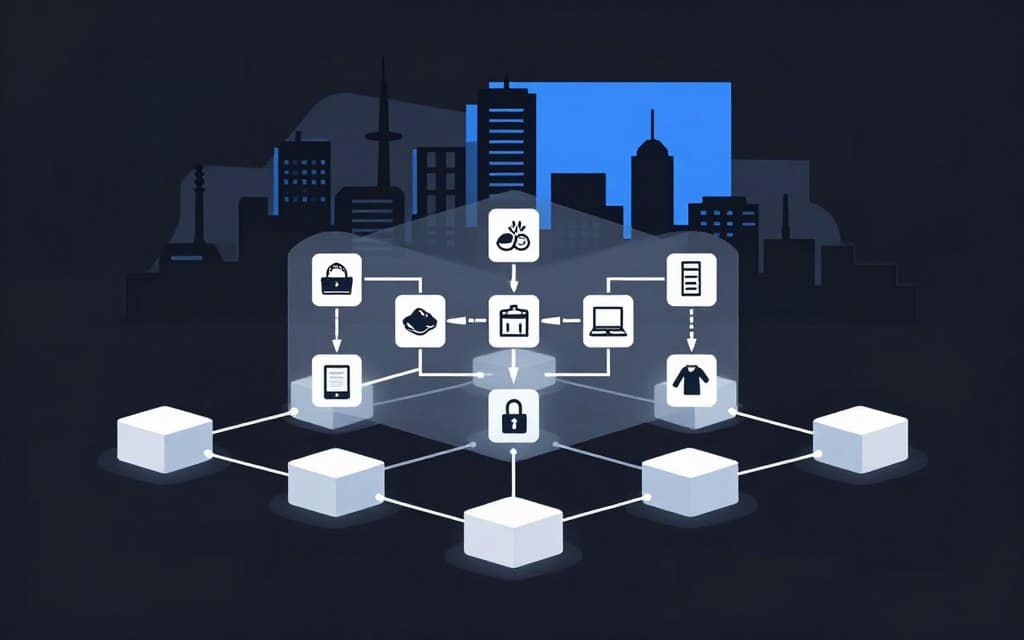 A detailed flat vector illustration showcasing the concept of supply chain transparency through blockchain technology. In the foreground, interconnected blocks representing blockchain nodes with soft glow accents, symbolizing data security and traceability. The middle section features a transparent supply chain network, with various icons representing goods like food, electronics, and clothing, linked by clean lines indicating flow and movement. In the background, a stylized city skyline or industrial landscape under a clear blue sky, highlighting the industry connection. The overall mood conveys innovation and trust, with high contrast elements emphasizing the importance of transparency in modern supply chains.