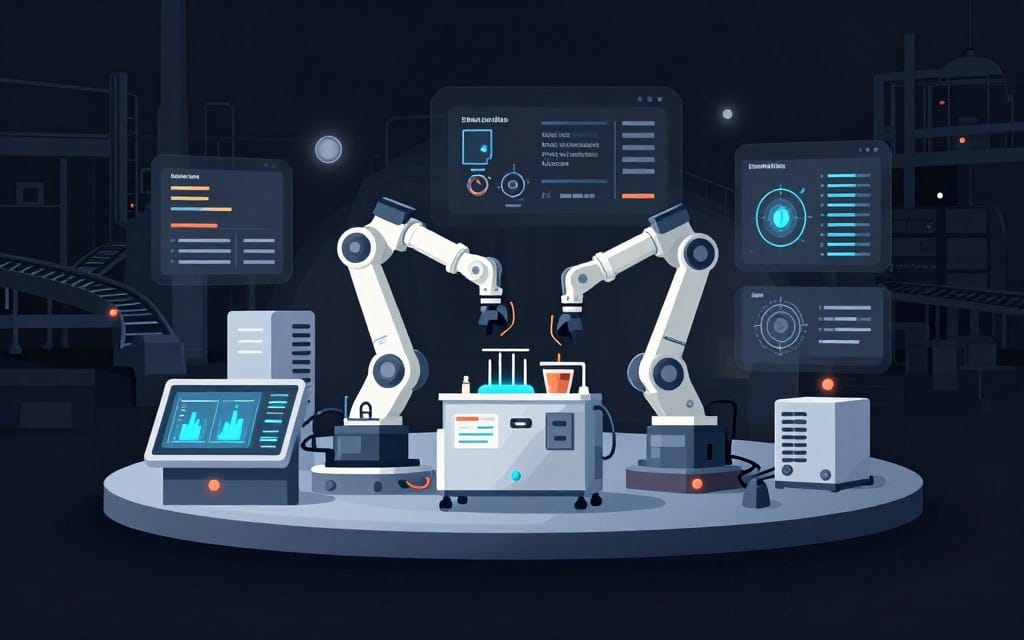 A detailed illustration of predictive maintenance solutions in a modern industrial setting. In the foreground, a sleek, high-tech control panel displays real-time analytics and maintenance alerts with glowing screens. The middle layer features advanced machinery and robotic arms performing tasks, surrounded by digital schematics and data visualizations in flat vector style. The background depicts a well-lit factory environment showcasing machinery and conveyor belts. Soft glow accents highlight key areas, emphasizing a sense of innovation and efficiency. The mood is professional and forward-thinking, with high contrast to enhance the clean lines and clarity of the design.