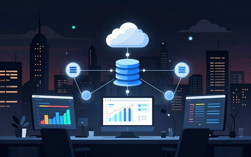 A dynamic illustration showcasing a serverless database architecture in action, set in a sleek, modern office environment. In the foreground, a large digital screen displays vibrant graphs and analytics, symbolizing successful client outcomes. The middle layer features abstract representations of cloud technology and database interactions, with glowing nodes connected by clean lines to indicate scalability and efficiency. The background captures a panoramic view of a bustling city skyline during twilight, emphasizing innovation and progress with soft glow accents illuminating the scene. The overall mood is one of professional success and technological advancement, rendered in a flat vector style with high contrast for a striking visual impact. A dynamic illustration showcasing a serverless database architecture in action, set in a sleek, modern office environment. In the foreground, a large digital screen displays vibrant graphs and analytics, symbolizing successful client outcomes. The middle layer features abstract representations of cloud technology and database interactions, with glowing nodes connected by clean lines to indicate scalability and efficiency. The background captures a panoramic view of a bustling city skyline during twilight, emphasizing innovation and progress with soft glow accents illuminating the scene. The overall mood is one of professional success and technological advancement, rendered in a flat vector style with high contrast for a striking visual impact.