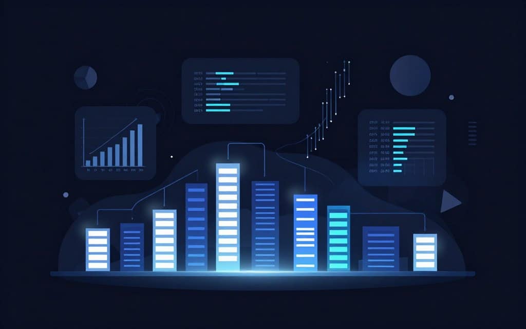 A flat vector illustration of ClickHouse columnar OLAP sparse indexing, showcasing data analytics concepts in a visually engaging way. In the foreground, depict a series of interconnected columns and rows representing data structures, highlighted with glowing accents to emphasize the columnar format. In the middle ground, include visual elements like digital graphs, data streams, and abstract representations of event data flow. The background should feature a sophisticated, tech-inspired setting, possibly with geometric shapes and gradients that suggest dynamic data processing. Utilize high contrast colors to enhance depth and clarity, with a soft glow effect surrounding key elements to create a modern and professional atmosphere.