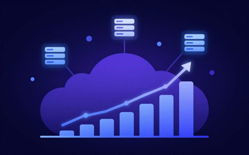 A flat vector style illustration depicting the concept of auto-scaling resource management in a serverless database architecture. In the foreground, a graph with ascending bars symbolizes performance scaling, adorned with soft glow accents. The middle layer features abstract cloud shapes representing cloud computing, interconnected with sleek lines showcasing data flow. The background consists of a gradient of deep blues and purples, creating a modern digital atmosphere. High contrast elements include glowing server icons and arrows, emphasizing resource allocation. The overall mood is dynamic and progressive, capturing the essence of innovative technology without human figures or text, providing a clear visual representation of auto-scaling concepts. A flat vector style illustration depicting the concept of auto-scaling resource management in a serverless database architecture. In the foreground, a graph with ascending bars symbolizes performance scaling, adorned with soft glow accents. The middle layer features abstract cloud shapes representing cloud computing, interconnected with sleek lines showcasing data flow. The background consists of a gradient of deep blues and purples, creating a modern digital atmosphere. High contrast elements include glowing server icons and arrows, emphasizing resource allocation. The overall mood is dynamic and progressive, capturing the essence of innovative technology without human figures or text, providing a clear visual representation of auto-scaling concepts.