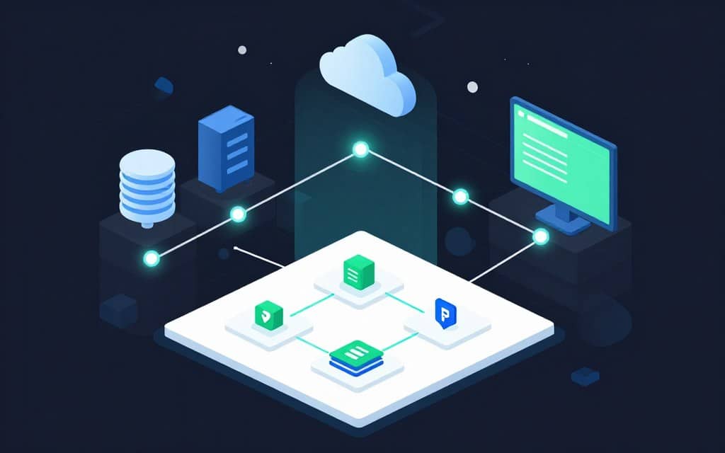 A flat vector style illustration depicting the steps of blockchain integration with a focus on platform selection. In the foreground, visualize a sleek digital interface showcasing key blockchain components such as nodes, ledgers, and smart contracts, arranged neatly with connecting lines representing data flow. The middle layer features a roadmap or flowchart indicating the integration steps, highlighted with soft glow accents to emphasize each phase. In the background, abstract representations of different tech platforms like cloud servers and databases blend seamlessly into a high-tech landscape, all surrounded by a cool color palette of blues and greens. The overall mood is professional and innovative, exuding a sense of clarity and direction with clean lines and high contrast.
